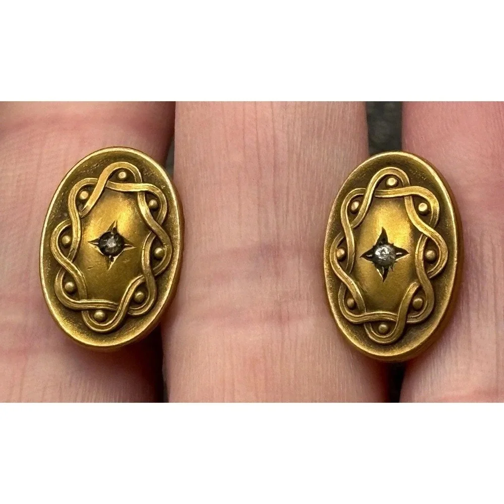 Antique Victorian Gold Filled Cufflinks Paste Stone Star Burst Swirl Bean Back
